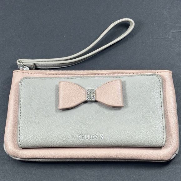 GUESS Pink Gray Wristlet Wallet Rhinestone Bow Zip Clutch Card Holder Organizer - Picture 4 of 9